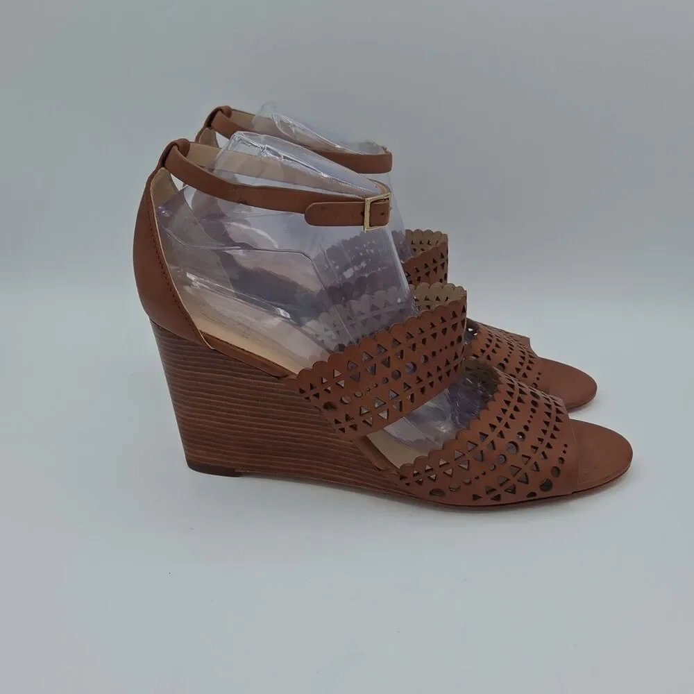 NWOB Tory Burch Perforated Gladiator Wedge Sandal 10.5 M Brown Leather Cutout